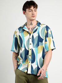 Campus Sutra Men Comfort Cuban Collar Abstract Curves Oversized Casual Shirt