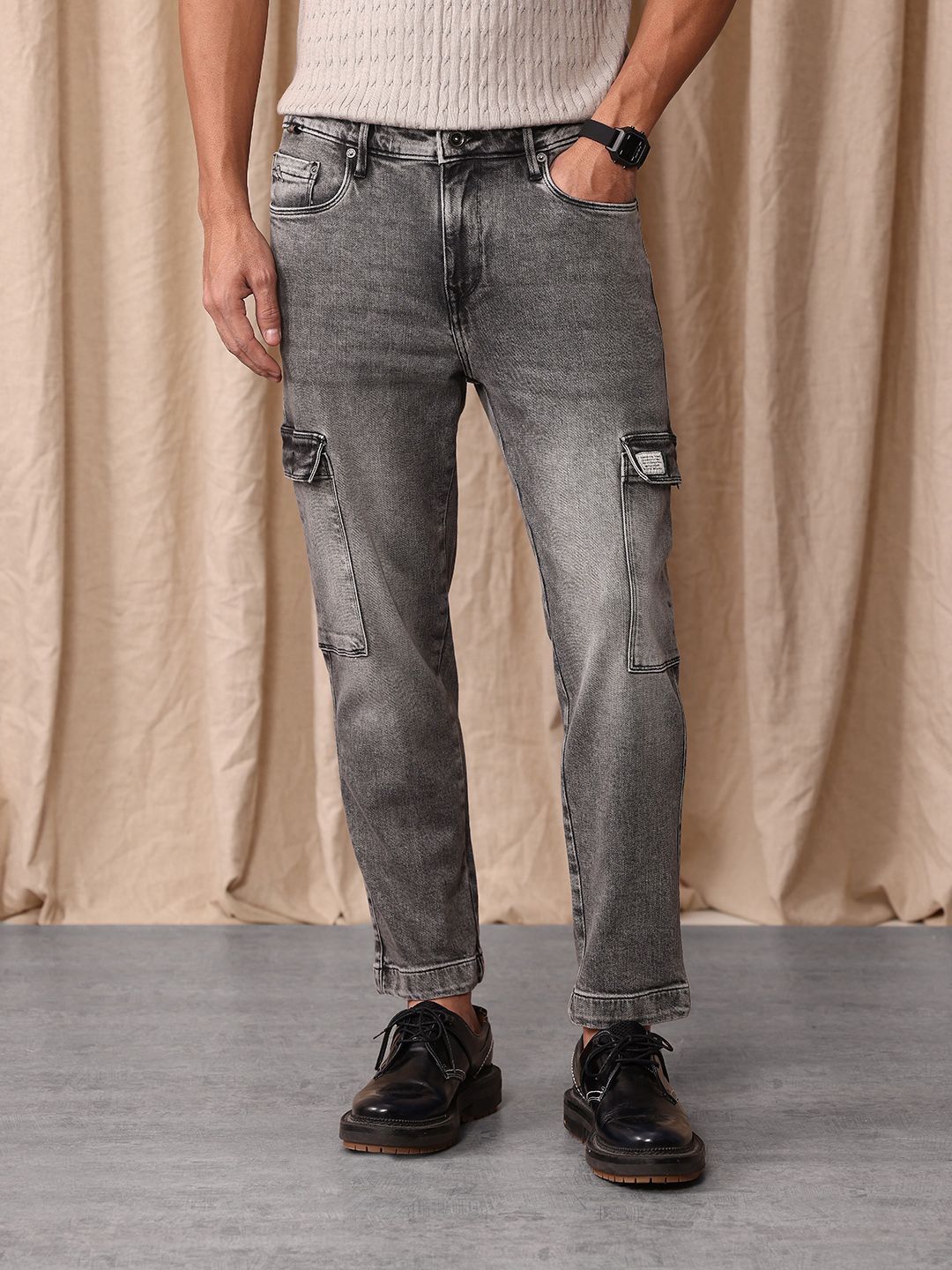 Mr Bowerbird Men Tapered Fit Mid-Rise Heavy Fade Cropped Stretchable Cargo Styles Jeans