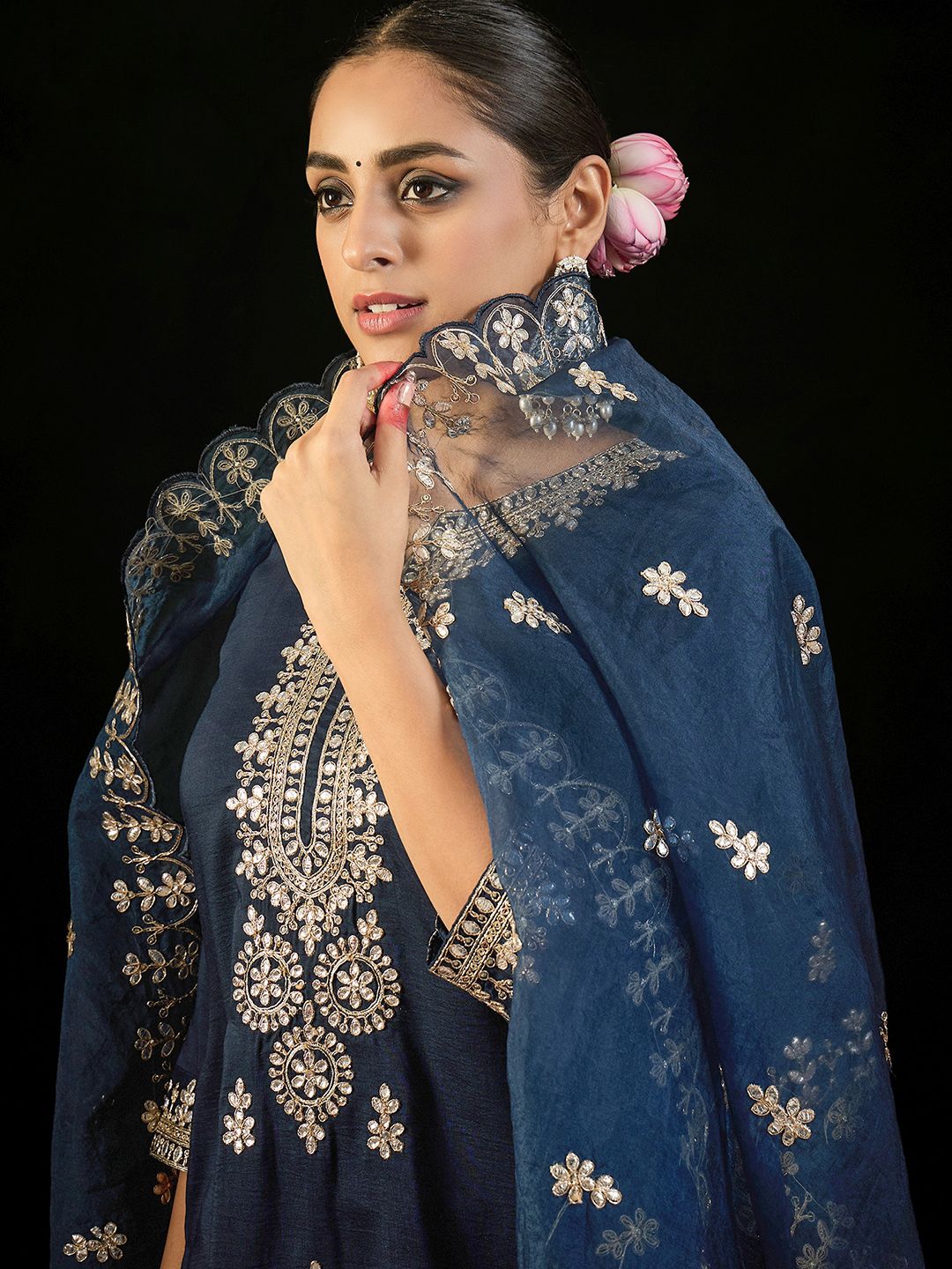 Indo Era Notched Neck Ethnic Motifs Embroidered Gotta Patti Kurta with Trouser & Dupatta