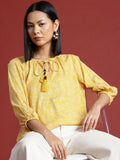 all about you Printed Tie-Up Neck Puff Sleeve Top