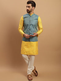 SOJANYA Kurta Biasa Bersulam Geometrik dengan Jaket Nehru Rekaan Churidar & Tenunan