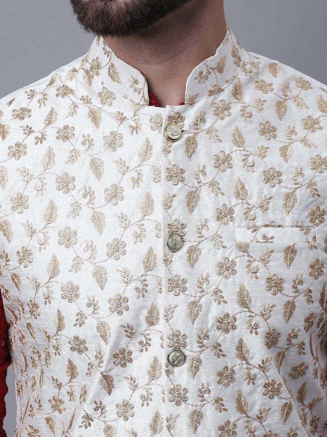 SOJANYA Men Floral Embroidered Pure Cotton Mirror Work Kurta With Pyjamas & Nehru Jacket