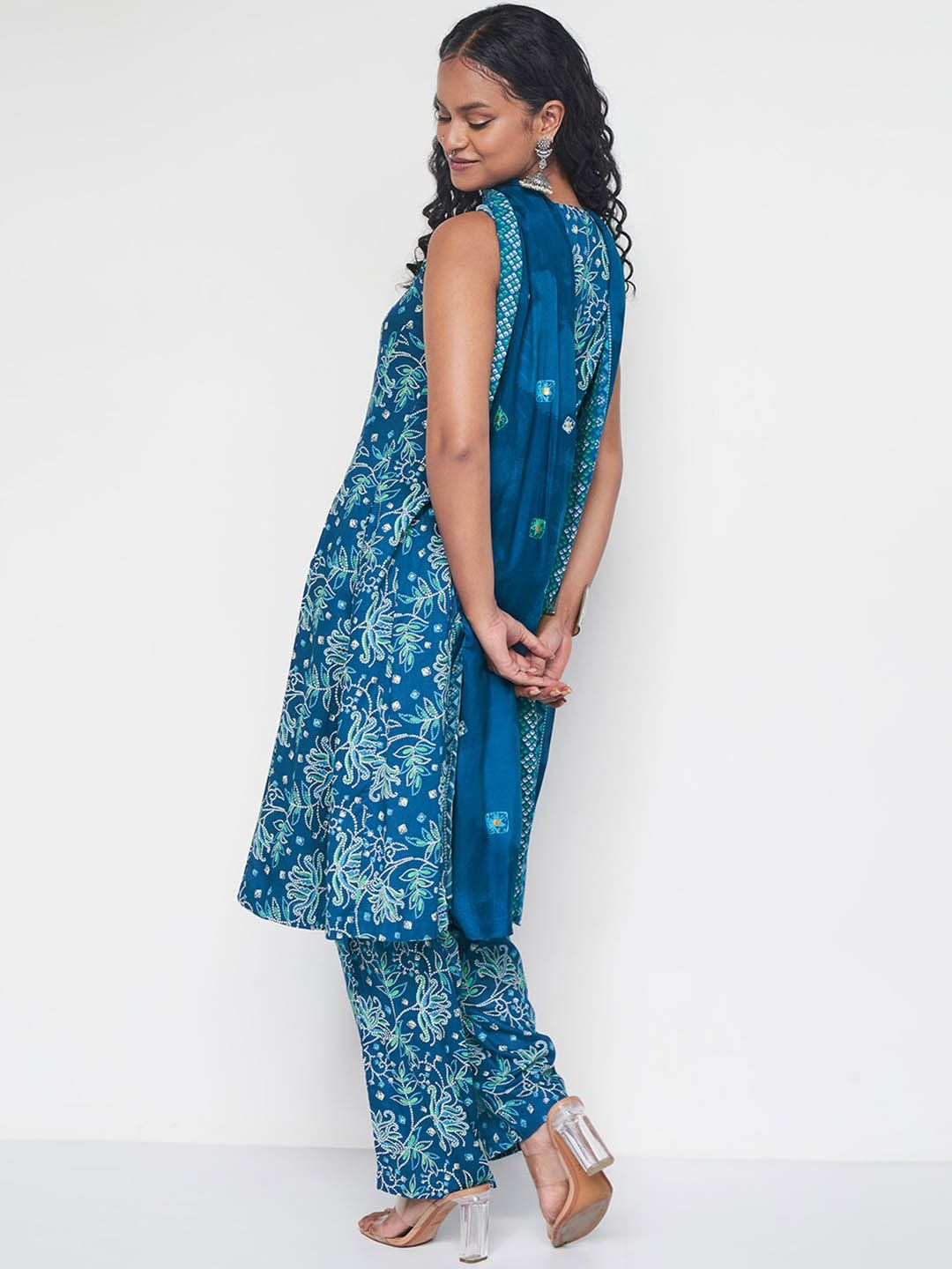 Global Desi V-Neck Floral Printed A-Line Kurta with Trouser & Dupatta