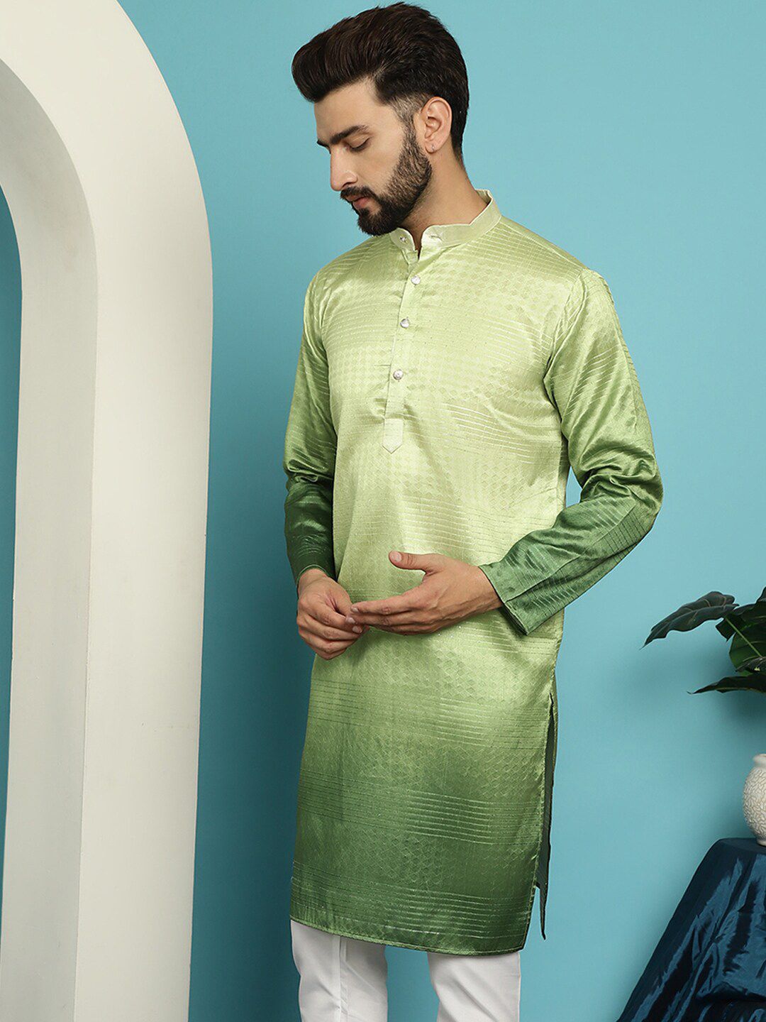 SOJANYA Mandarin Collar Ombre Silk Cotton Jacquard Kurta