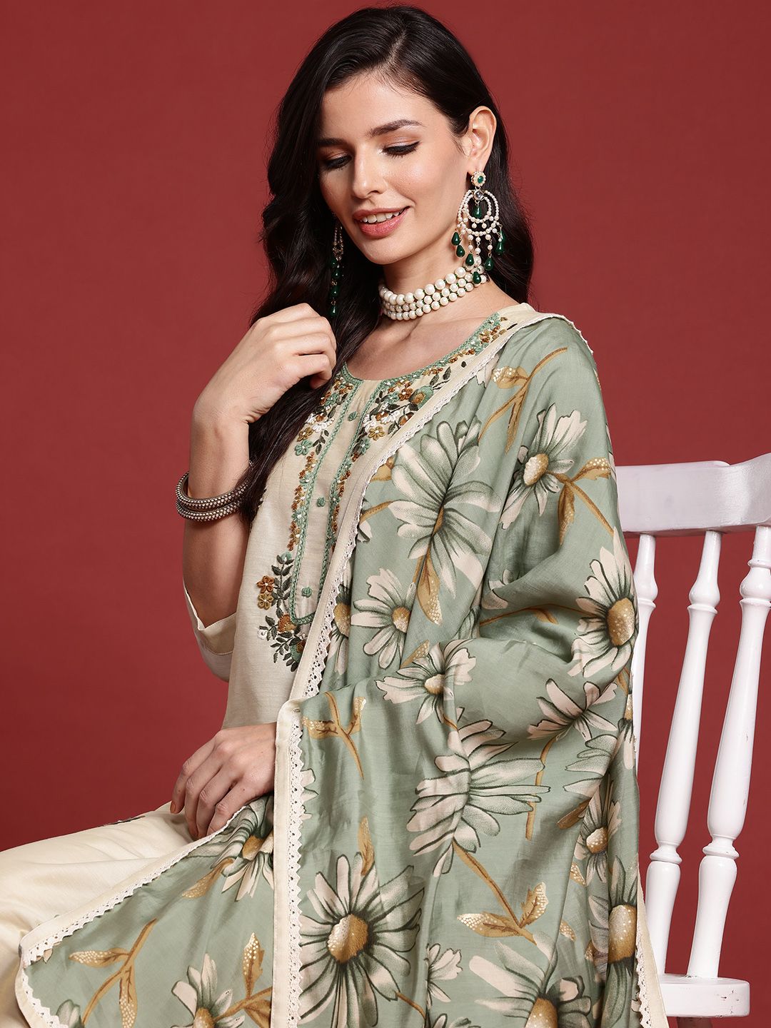 Indo Era Floral Embroidered Thread Work Kurta with Trousers & With Dupatta