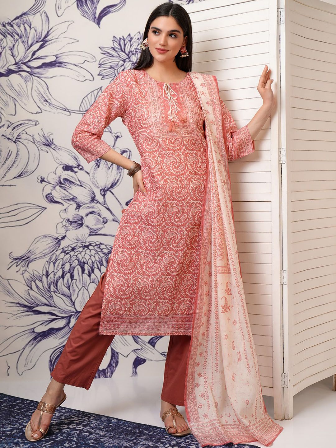 Vishudh Pink Paisley Printed Regular Pure Cotton Kurta with Trouser & Dupatta