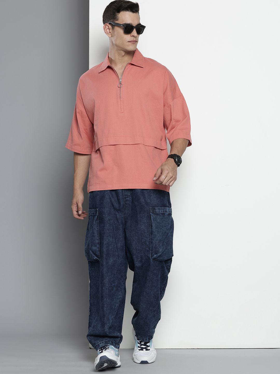 The Indian Garage Co Pure Cotton Half Zipper Oversized Casual Shirt