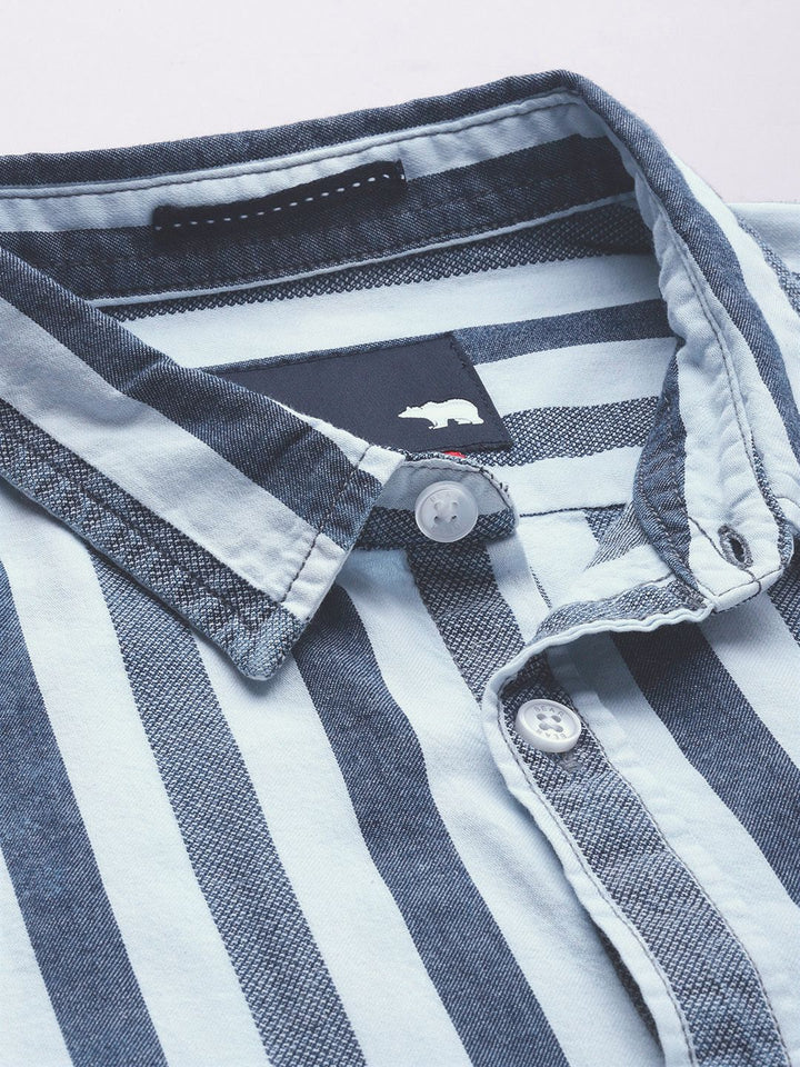THE BEAR HOUSE Men Blue Slim Fit Cotton Striped Casual Shirt