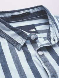 THE BEAR HOUSE Men Blue Slim Fit Cotton Striped Casual Shirt