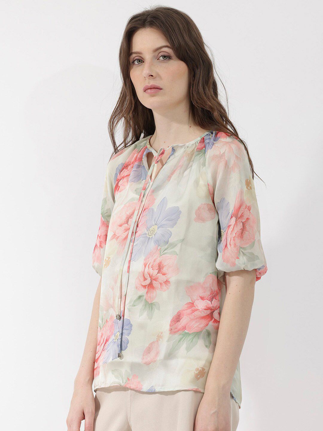 RAREISM Floral Print Tie-Up Neck Top