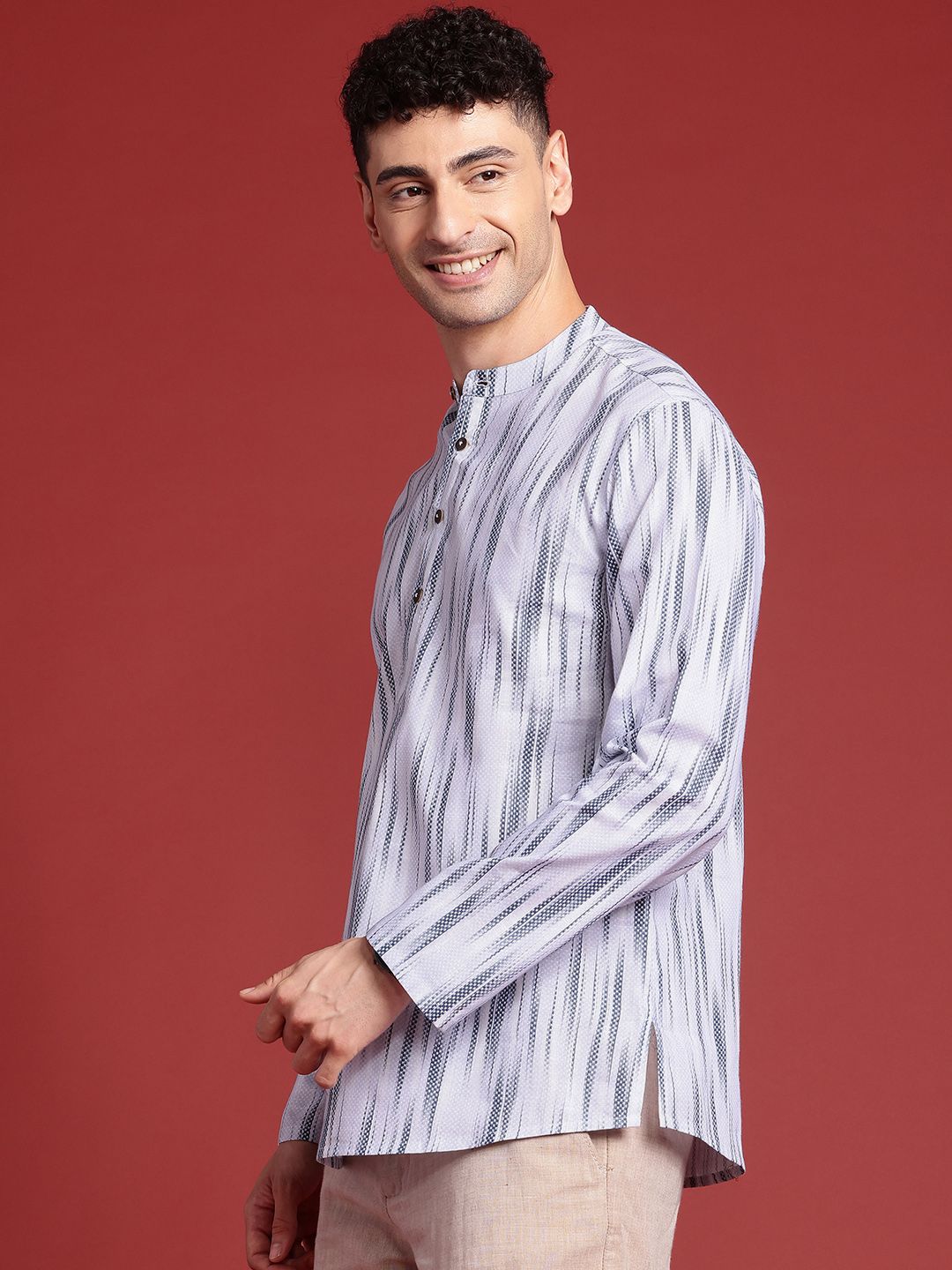 Anouk Men Ikat Printed Mandarin Collar Pure Cotton Short Kurta