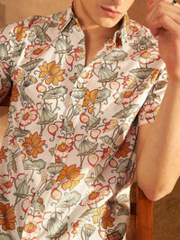 DENNISON Smart Oversized Floral Printed Spread Collar Cotton Lightweight Shirt
