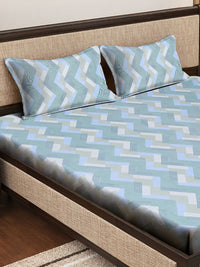 KLOTTHE Biru & Kelabu Geometrik 130 GSM Cadar Kapas Tulen dengan 2 Sarung Bantal