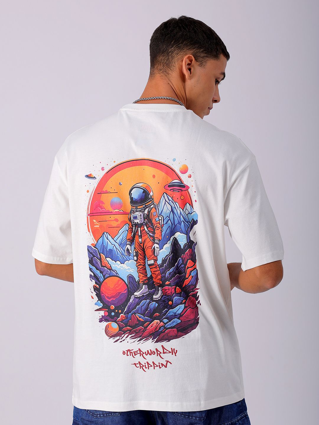 The Indian Garage Co Men Back Printed Boxy Oversized Round Neck Pure Cotton T-shirt
