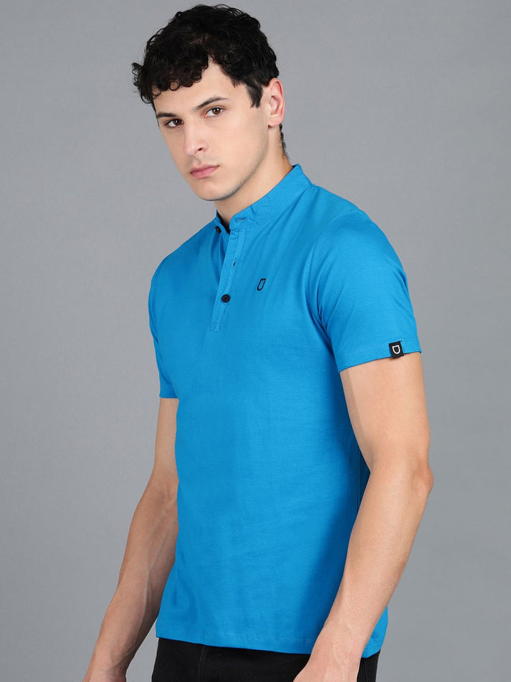 Urbano Fashion Men Blue Solid Slim Fit Mandarin Collar Pure Cotton T-shirt