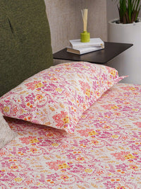 URBAN SPACE Peach-Coloured Printed Cotton 200 TC Single Bedsheet With 2 Pillow Covers