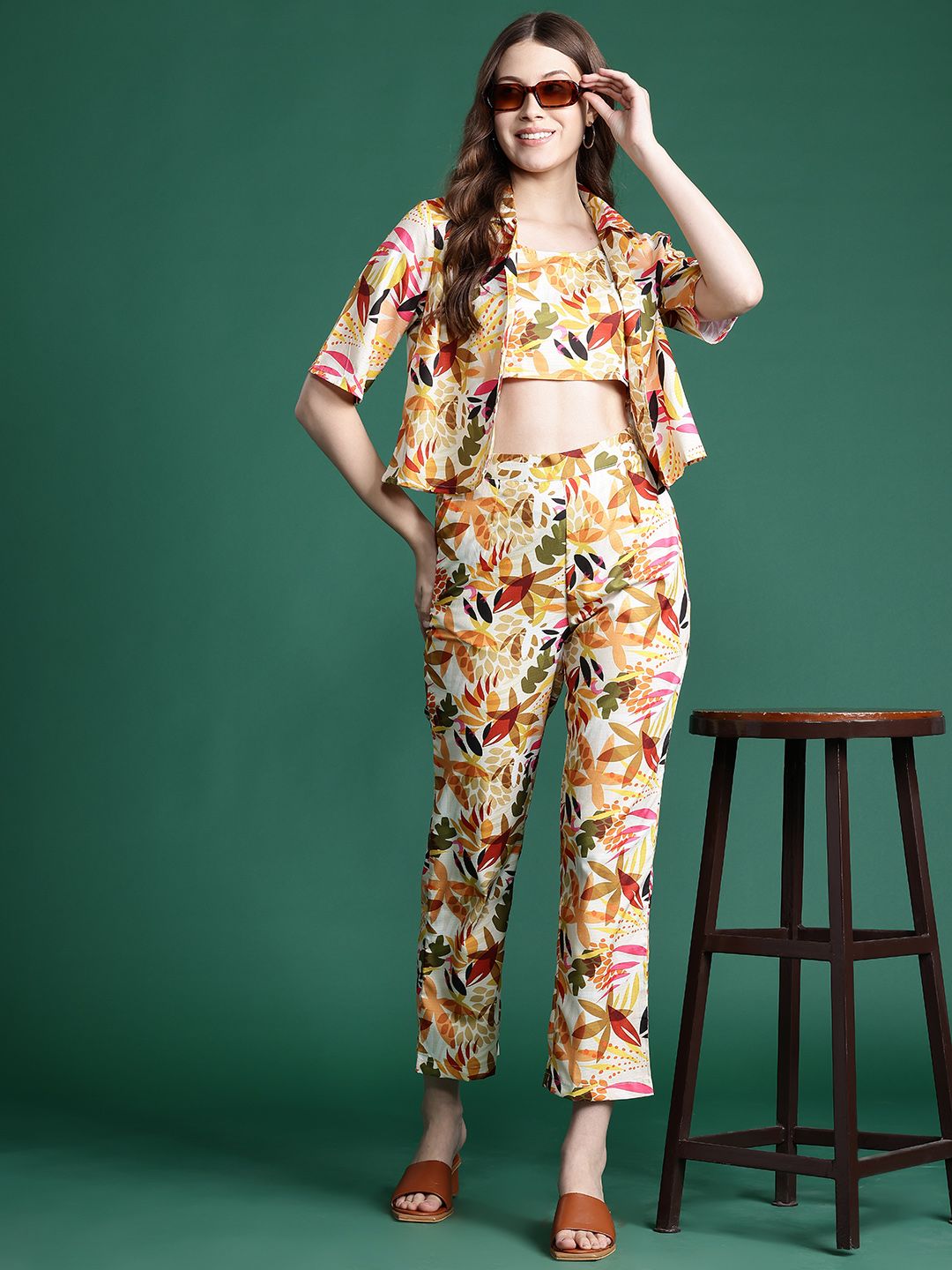 DressBerry Floral Print Crop Top With Trousers & Shirt
