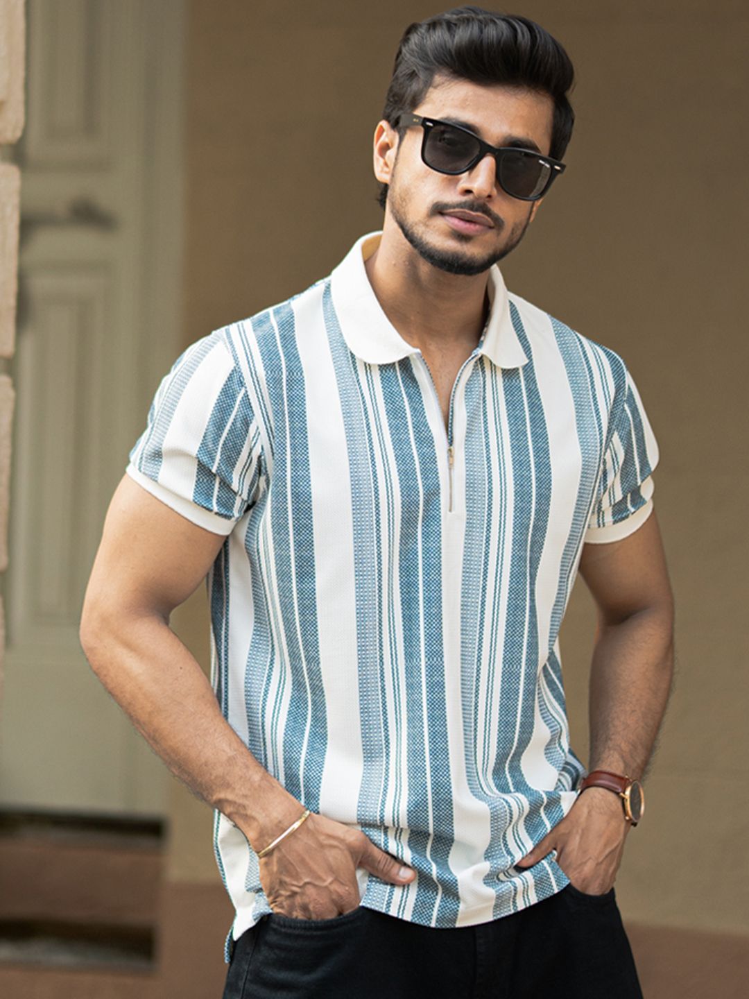 Powerlook Men Striped Polo Collar T-shirt