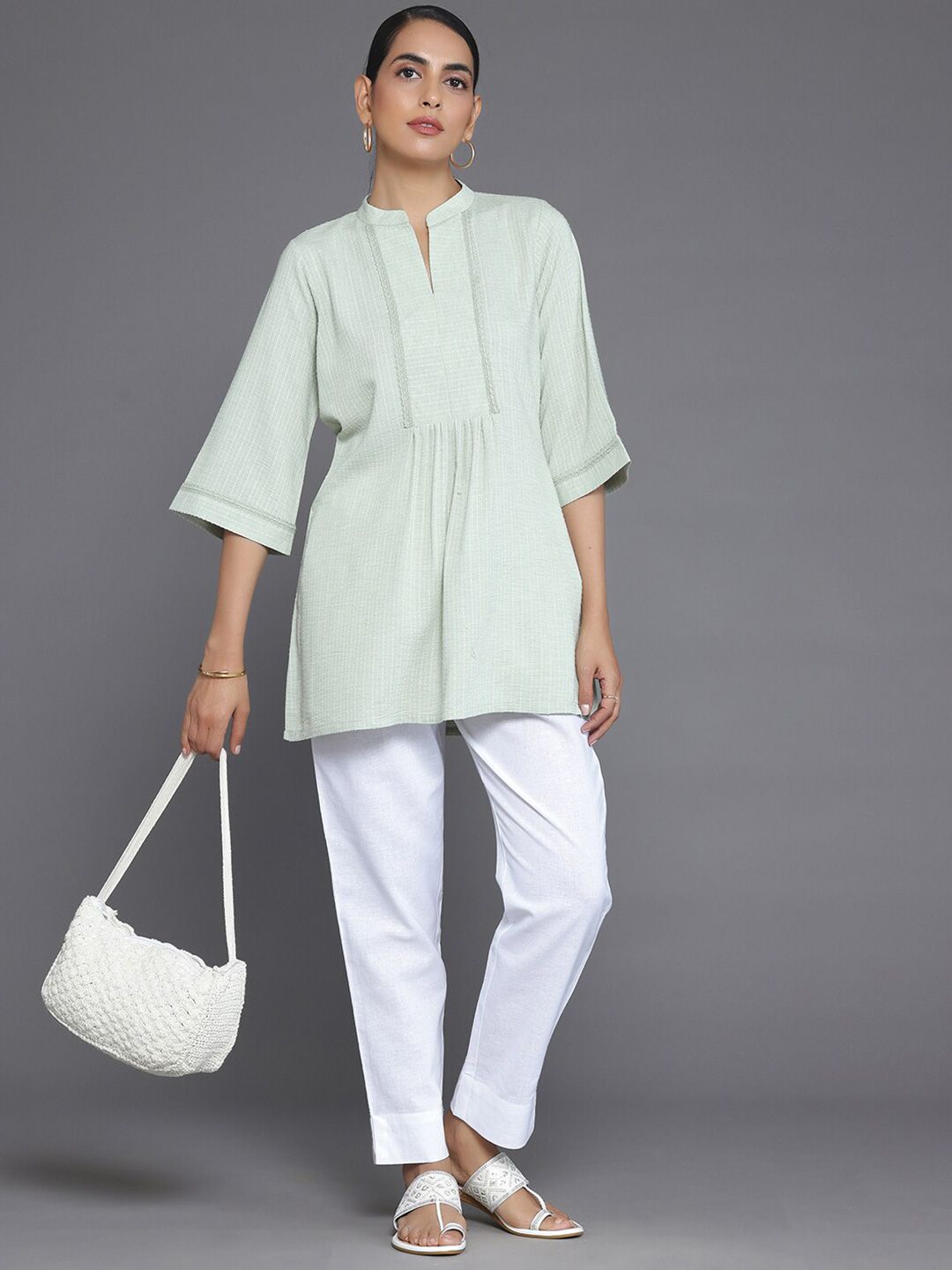 Libas Striped Mandarin Collar Lace Straight Kurti