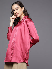 SASSAFRAS Women Pink Comfort Fit Satin Longline Party Shirt