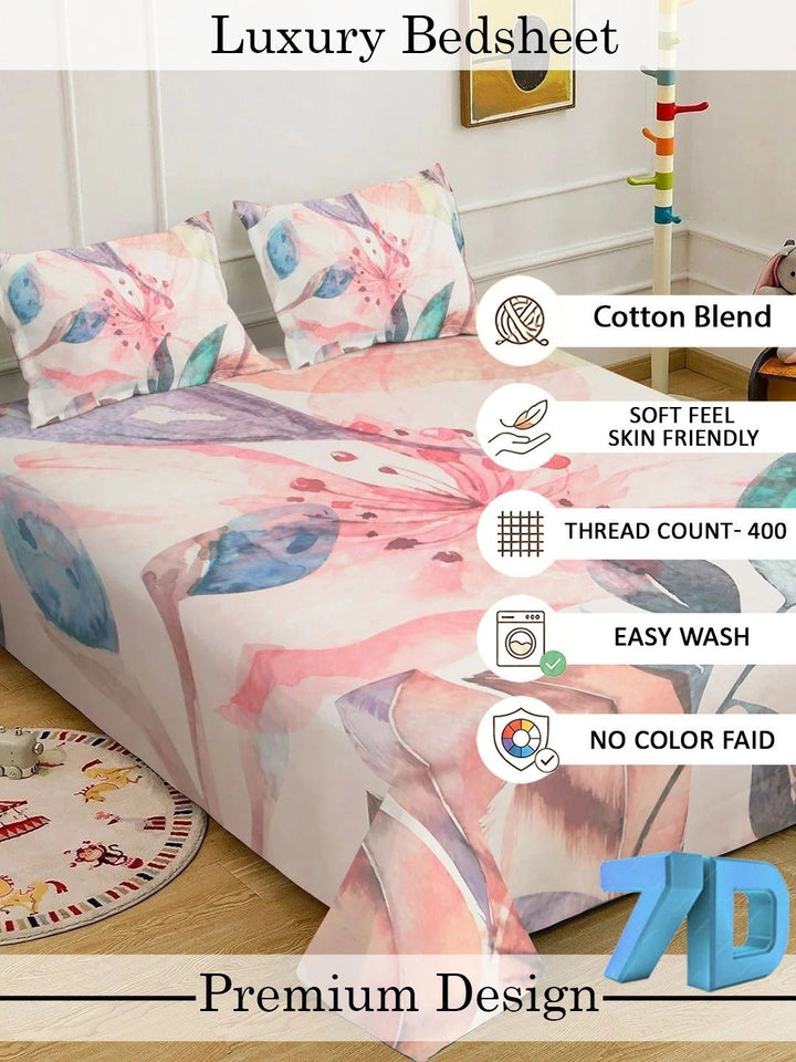 Myntra Elegant Homes White & Pink Floral 400 TC King Bedsheet with 2 Pillow Covers