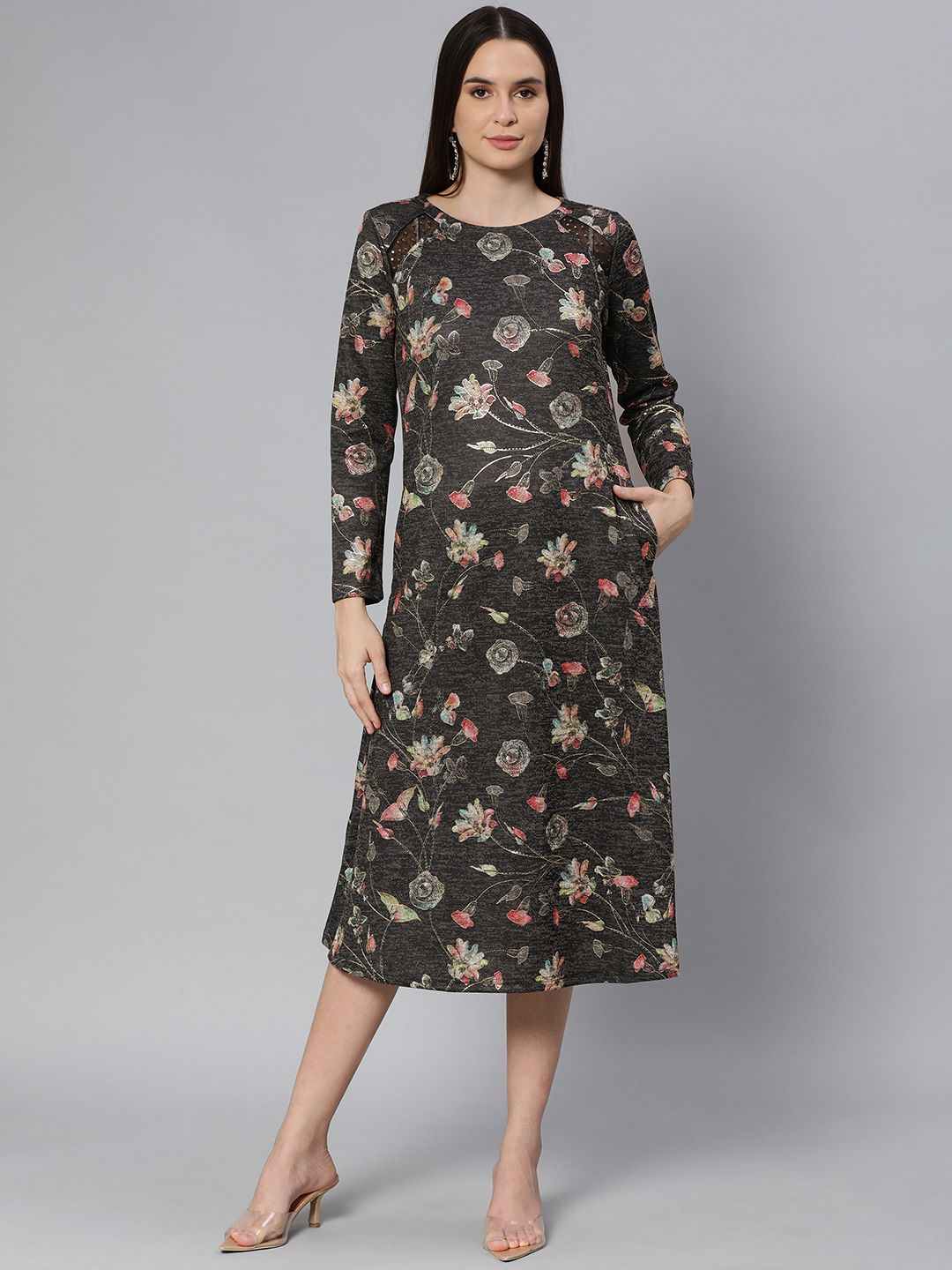 Global Desi Women Charcoal Grey Floral Printed Midi A-Line Dress
