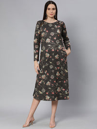 Global Desi Women Charcoal Grey Floral Printed Midi A-Line Dress