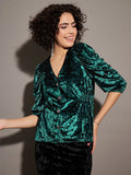 SASSAFRAS Green V-Neck Puff Sleeve Velvet Top