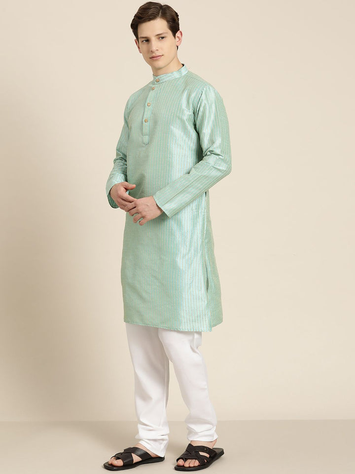 SOJANYA Lelaki Benang Hijau Laut & Beige Berjalur Bekerja Lurus Kurta Churidar & Jaket Nehru