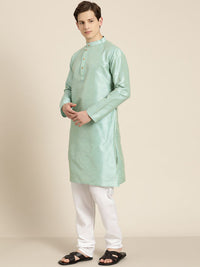 SOJANYA Men Sea Green & Beige Striped Thread Work Straight Kurta Churidar & Nehru Jacket