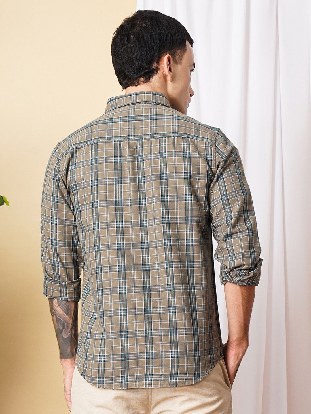 The Indian Garage Co Men Brown & Green Checked Pure Cotton Casual Shirt