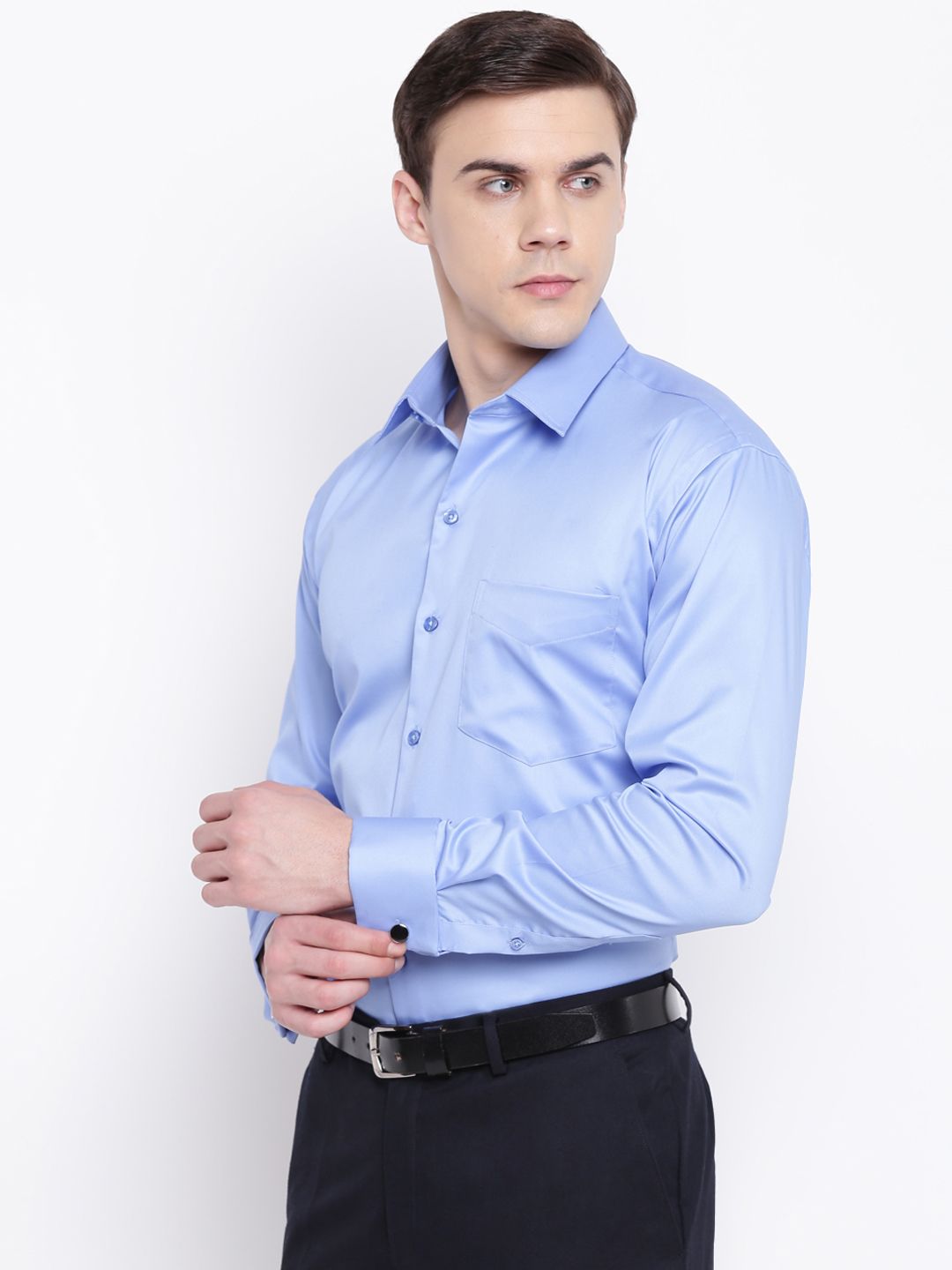 Hancock Men Blue Solid French Cuff Satin Slim Fit Pure Cotton Formal Shirt