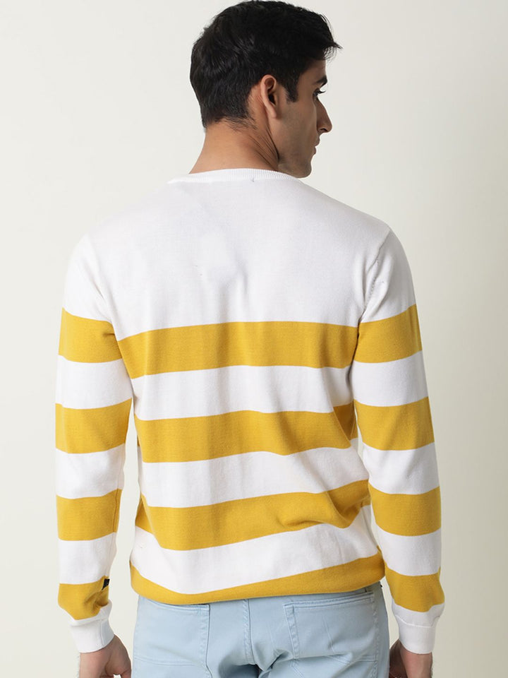 RARE RABBIT Men Marri Slim Fit White Striped Sweater