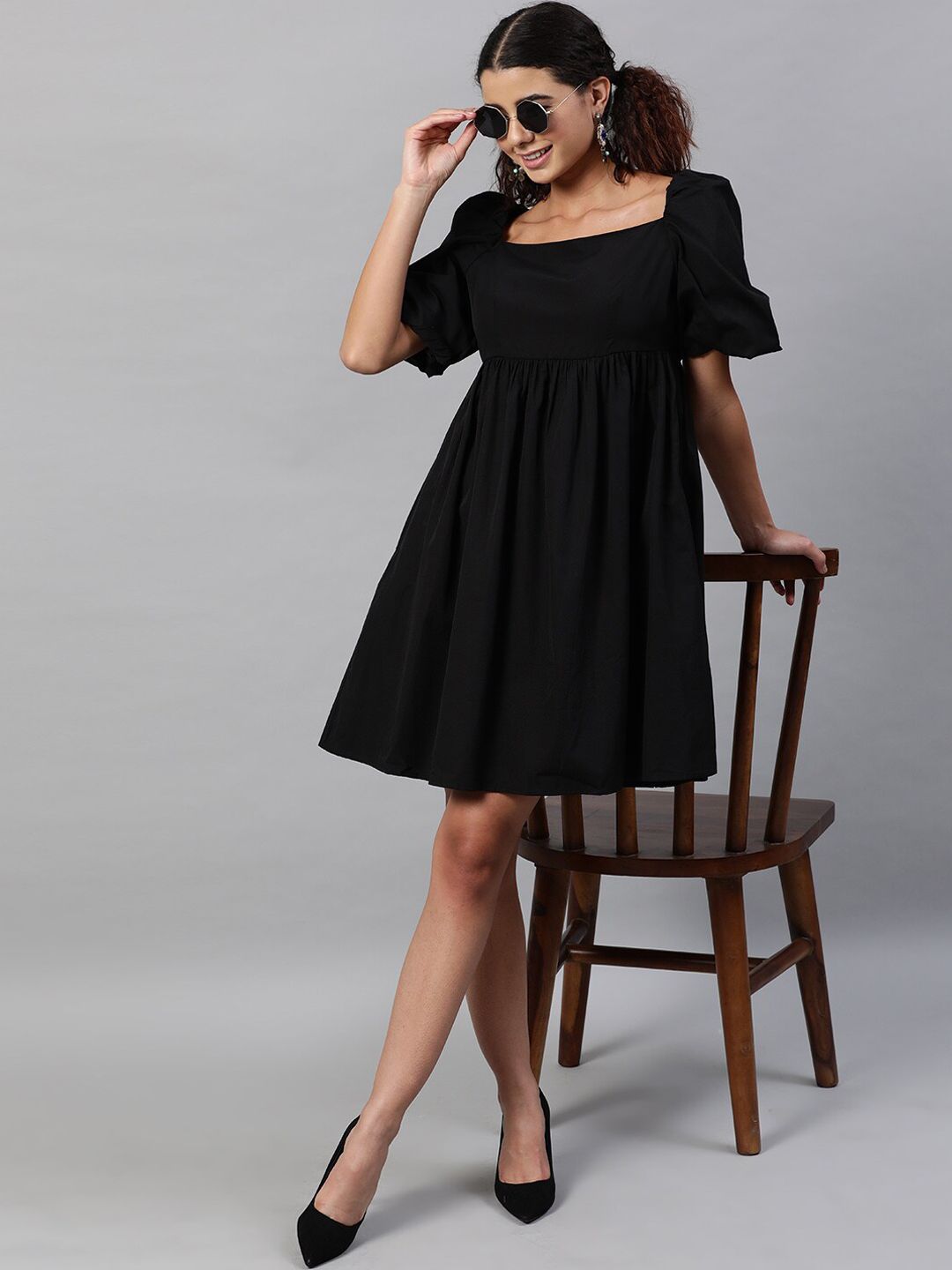 STREET 9 Women Black A-Line Pure Cotton Dress