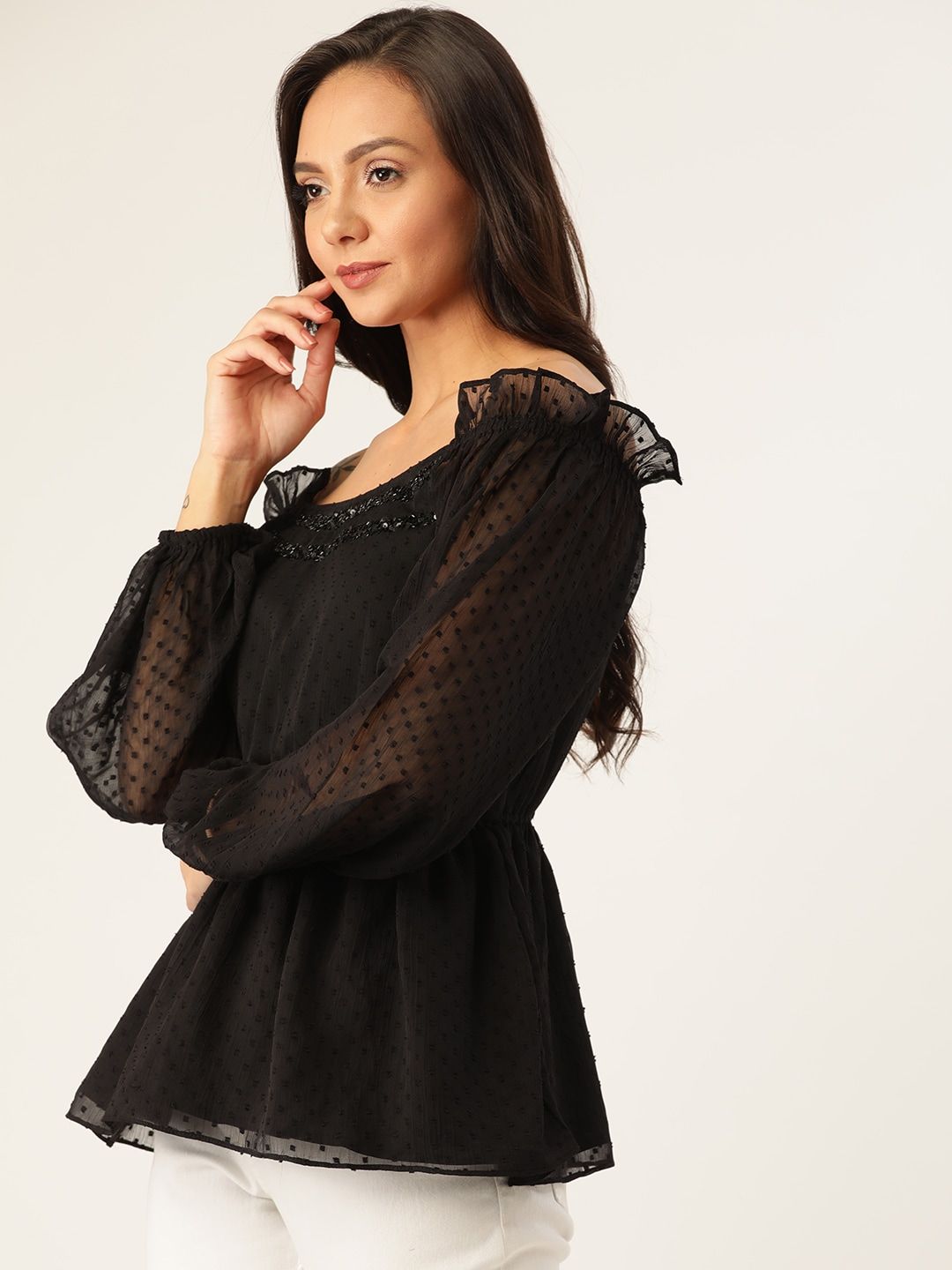 Antheaa Women Black Self-Design Bardot Top