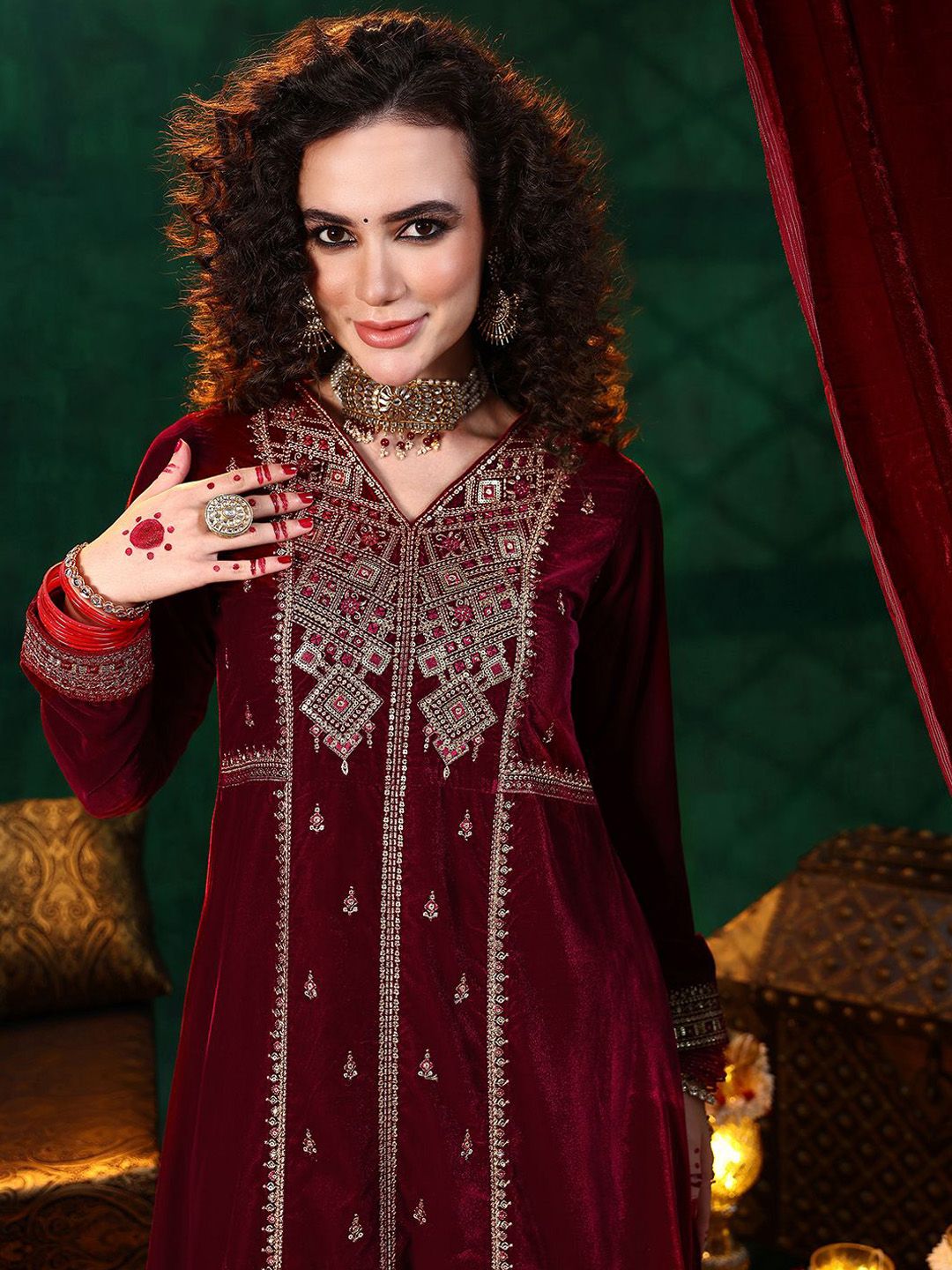 Libas Ethnic Motifs Embroidered Straight Sequinned Velvet Kurta with Trousers & Dupatta