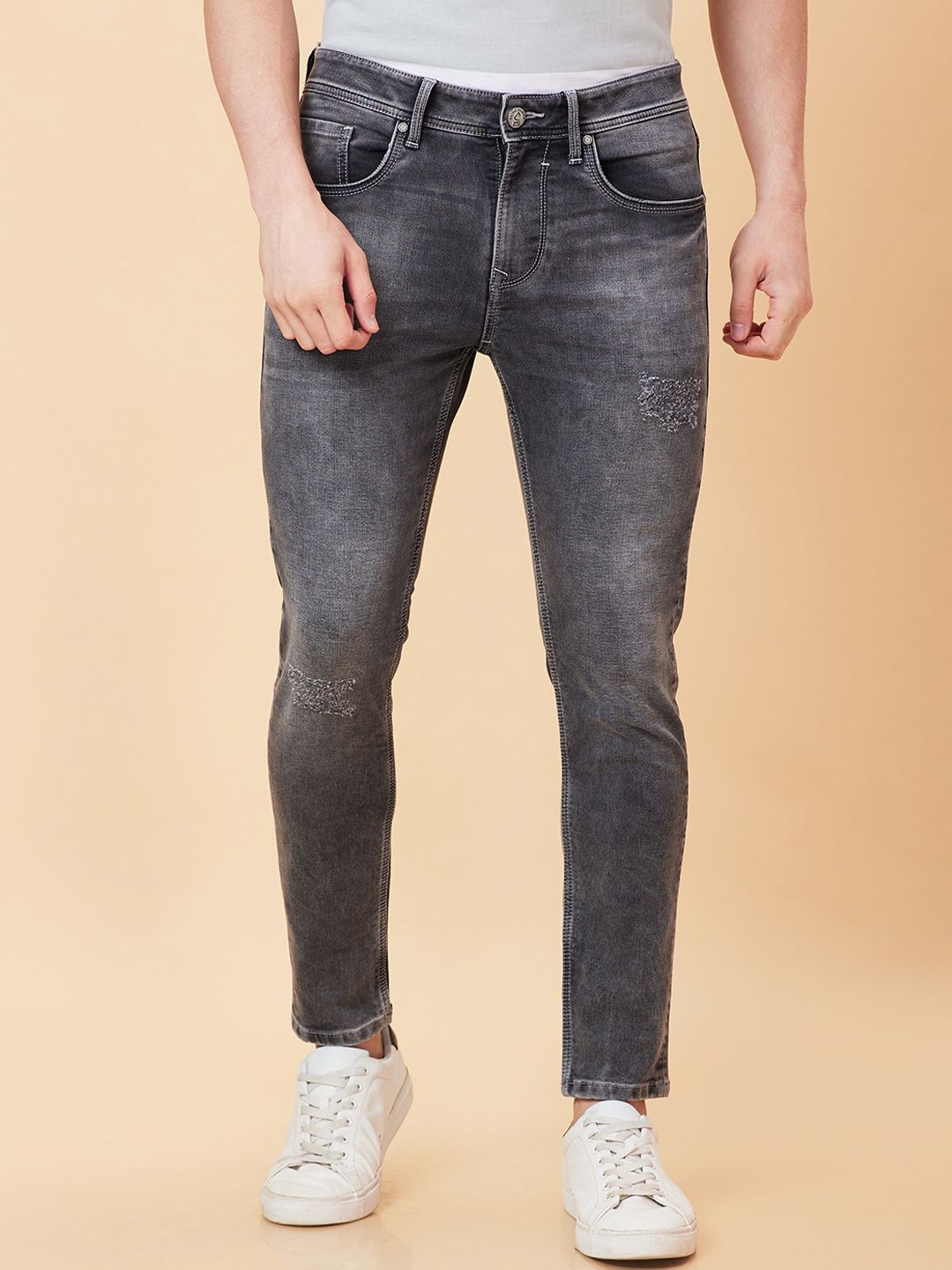 Being Human Men Slim Fit Mid Rise Low Distress Heavy Fade Cropped Jeans