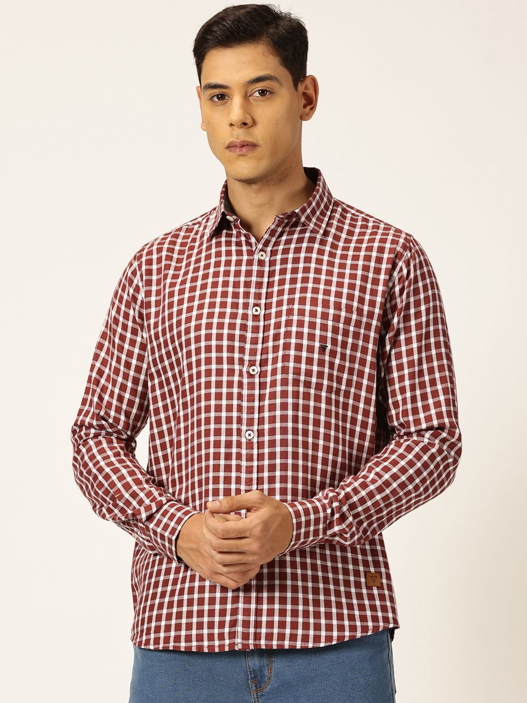 Thomas Scott Men Premium Slim Fit Gingham Checked Spread Collar Casual Shirt
