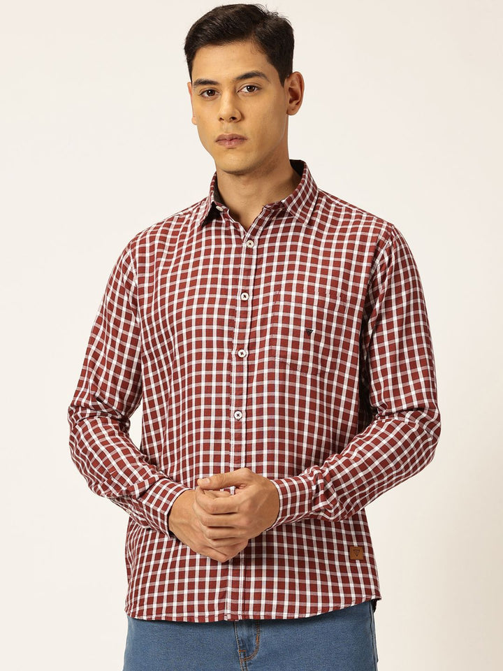 Thomas Scott Men Premium Slim Fit Gingham Checked Spread Collar Casual Shirt