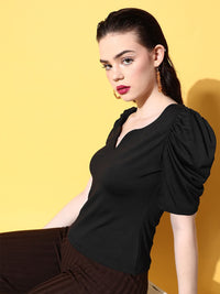 Berrylush Black Solid Sweetheart Neck Puff Sleeves Top