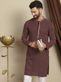 Anouk Kolar Mandarin Sulam Geometrik Labuci Kapas Kurta Lurus