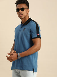 Menjadi Lelaki Manusia Biru & Black Colourblocked Polo Collar Slim Fit Cotton Caston T-shirt Kasual