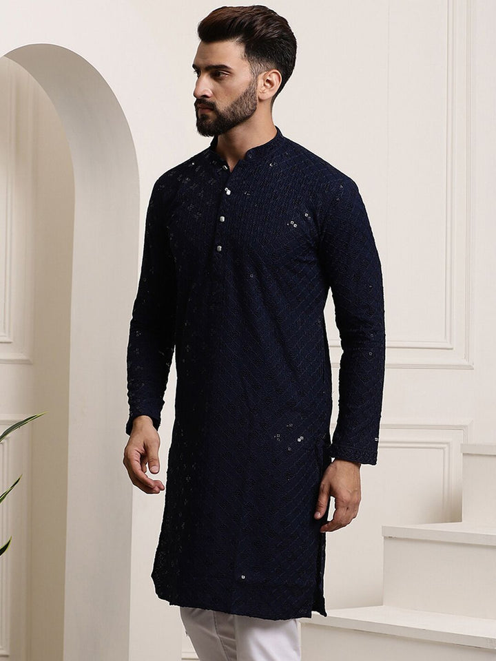 SOJANYA Kolar Mandarin Sulam Bunga Labuci Kapas Tulen Kurta Lurus