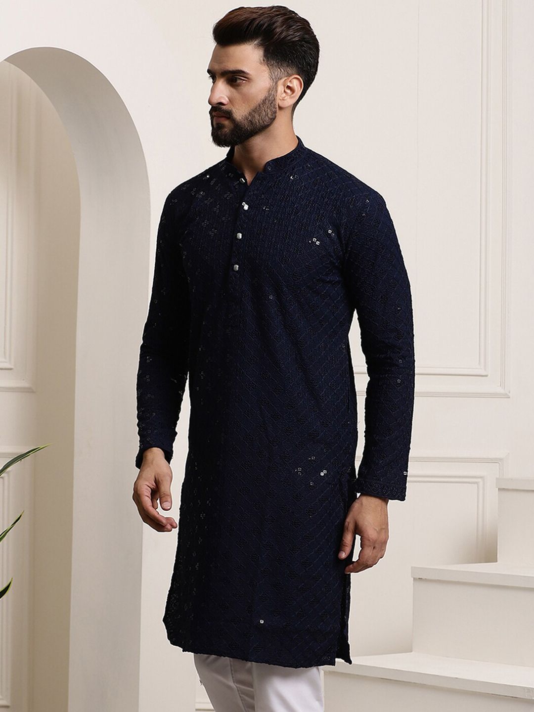 SOJANYA Kolar Mandarin Sulam Bunga Labuci Kapas Tulen Kurta Lurus