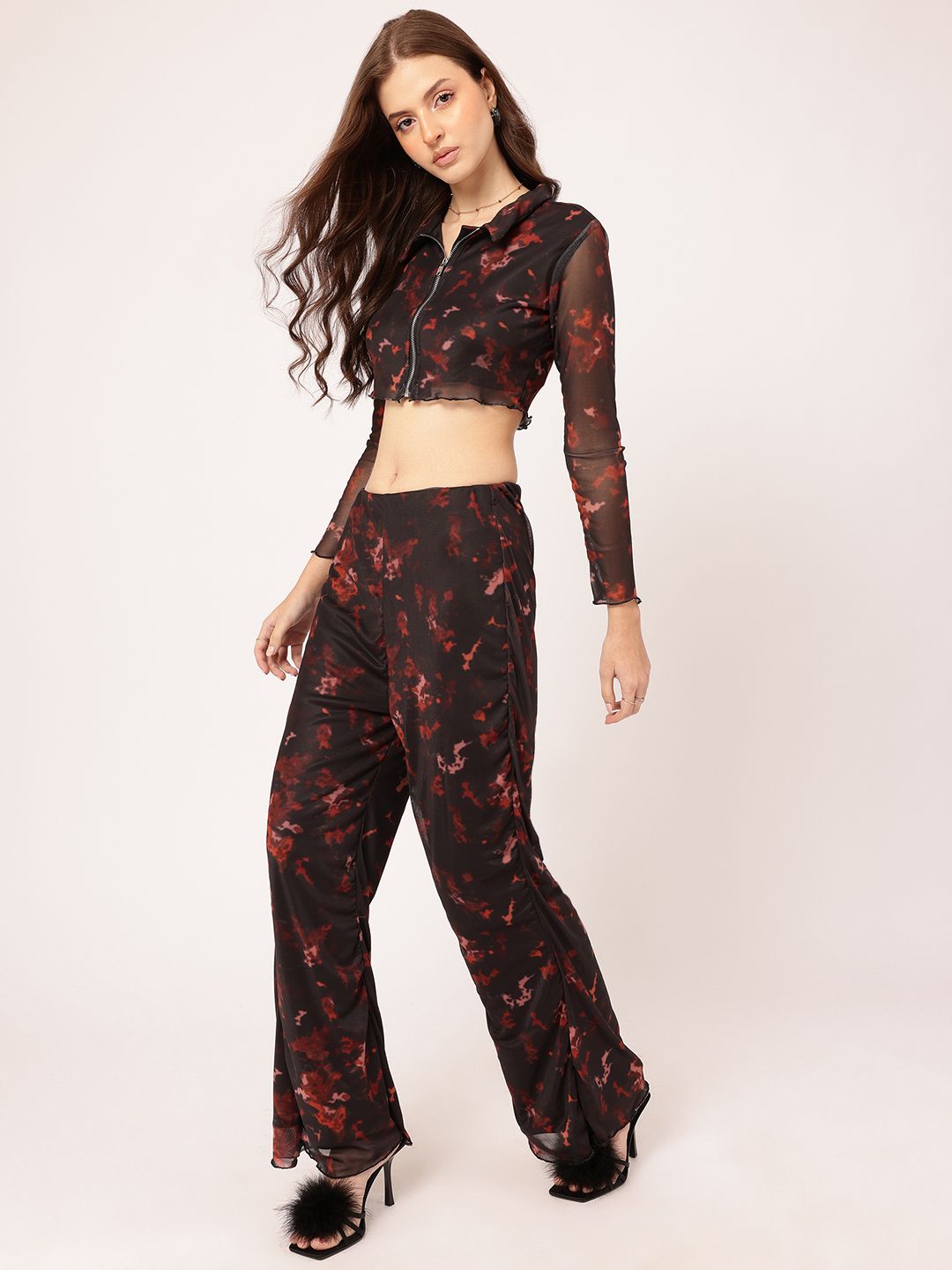 DressBerry 2000s Chic Printed Mesh Ruched Co-ords