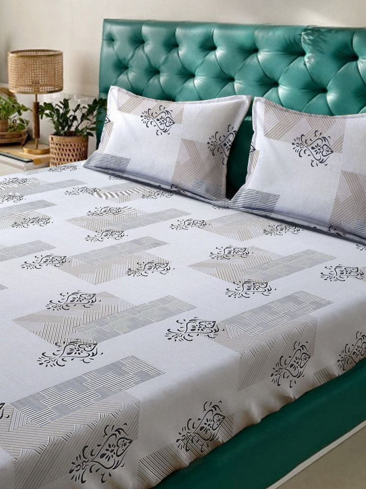 Aura Grey Ethnic Motifs Polycotton 300 TC King Fine Bedsheet with 2 Pillow Covers-98 x 89 inches