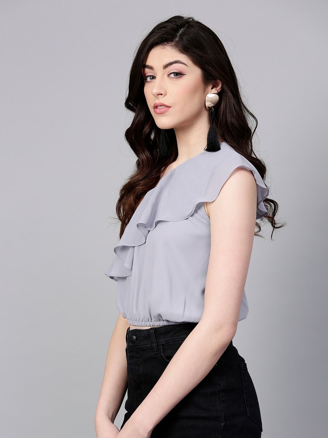 SASSAFRAS Women Grey Solid Layered Cropped Blouson Top