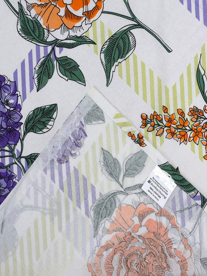 BOMBAY DYEING Allure Purple Floral Cotton 144TC Fitted Bedsheet Set-1.52m X 1.98m X30cm