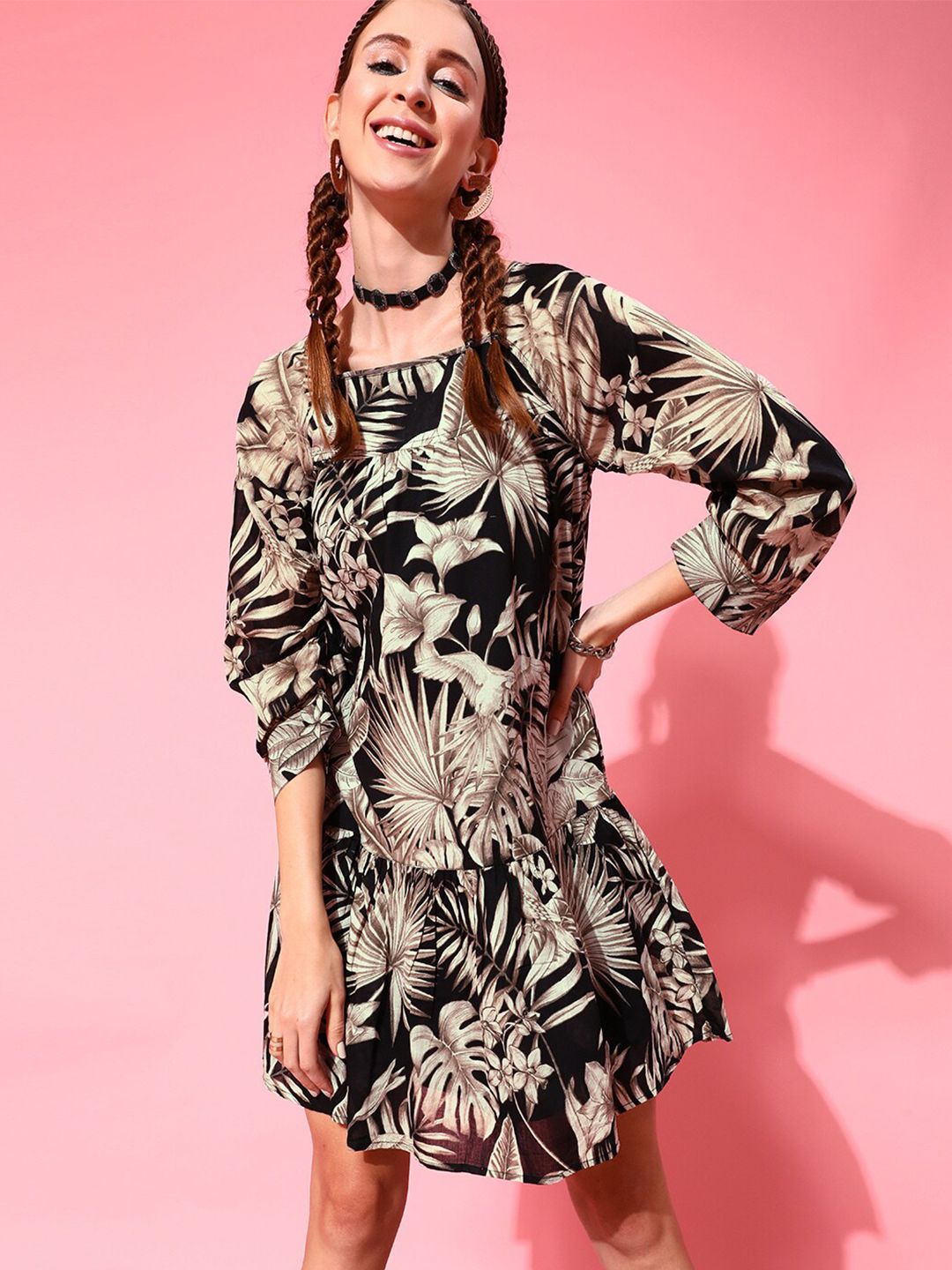 STREET 9 Black Floral Crepe Sheath Midi Dress