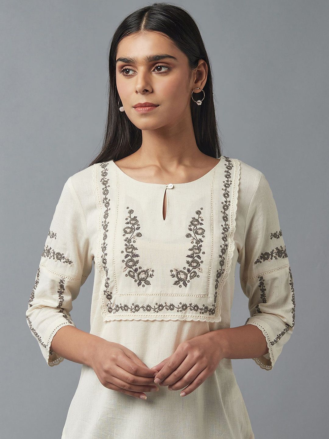 W Women Beige Floral Yoke Design Thread Work Kurta